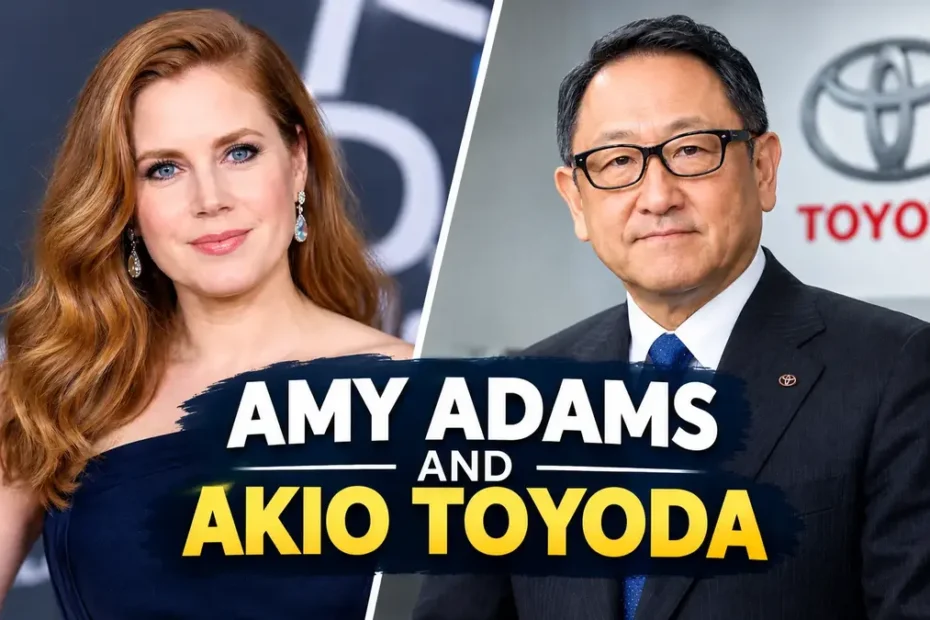 Amy Adams and Akio Toyoda featured in a split-screen image