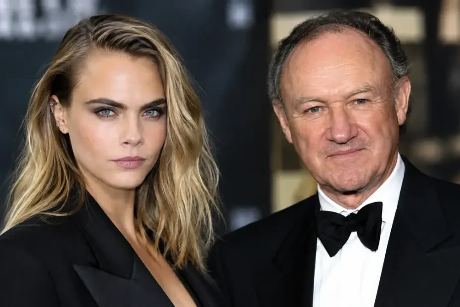 Cara Delevingne and Gene Hackman side-by-side in a cinematic portrait.