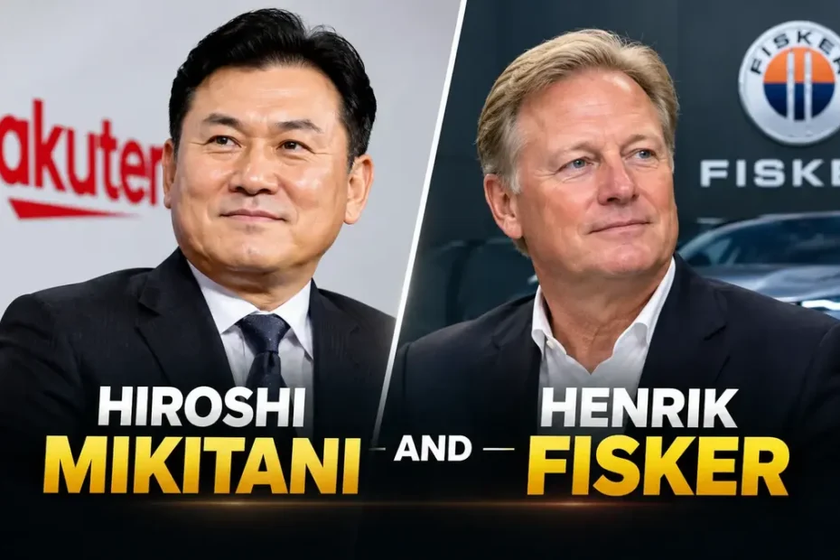 Hiroshi Mikitani and Henrik Fisker featured in a side-by-side business and automotive editorial image