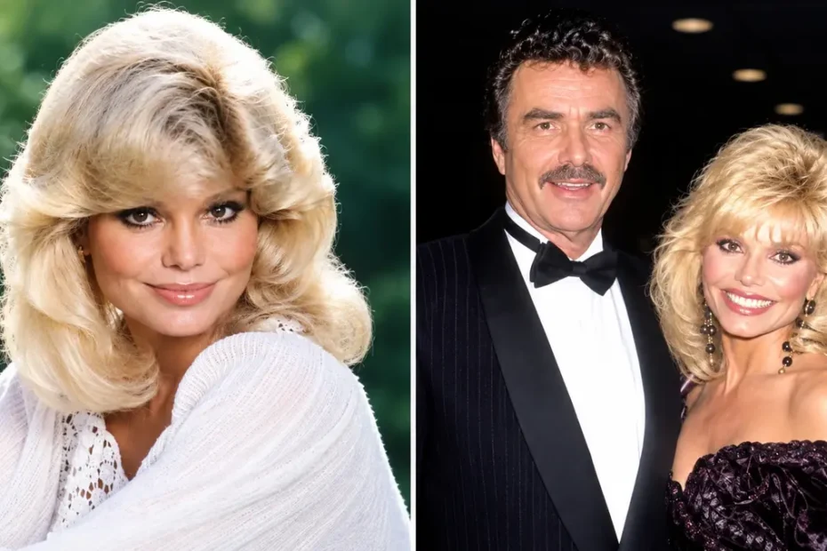 A split-panel celebrity image featuring Loni Anderson in a glamorous blonde portrait on the left and a formal photograph of Loni Anderson with Burt Reynolds on the right. The featured image accompanies an article about Loni Anderson's net worth, acting career, and Hollywood legacy.
