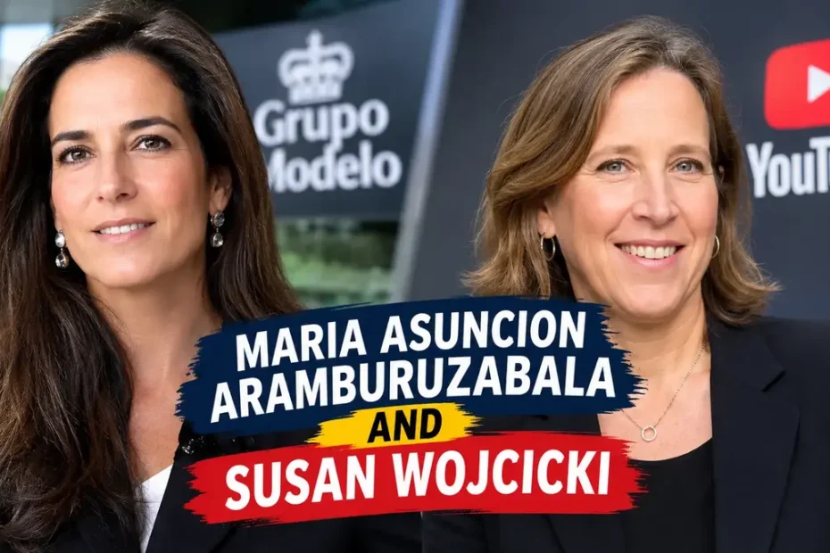 María Asunción Aramburuzabala and Susan Wojcicki featured together in a business-themed portrait graphic.